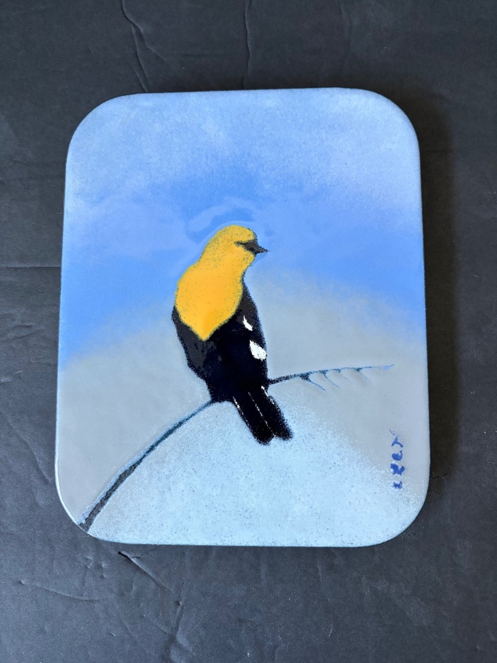 B.E. Eren enamel on copper vintage Canadian art Yellow Headed Blackbird